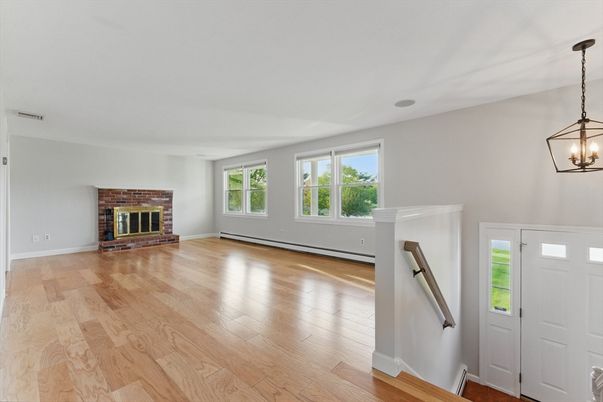 Empty room, Fireplace, Interior, Pendant Lights, Wood Texture Flooring