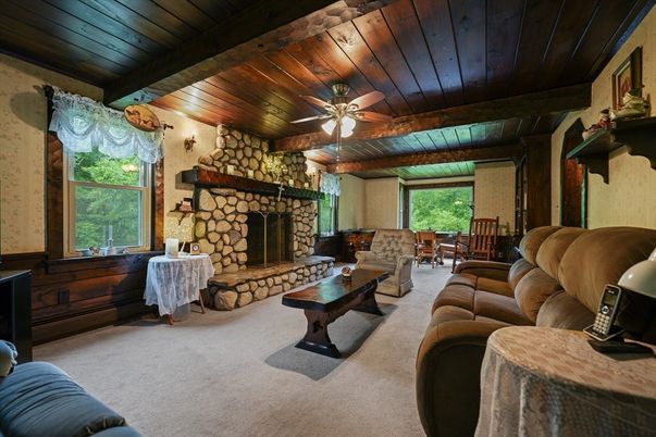 Dining room, Fireplace, Interior, Living room, Stone Walls, Wooden Beams, Wooden Ceilings