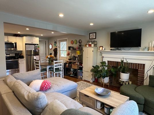 Dining room, Fireplace, Interior, Kitchen, Living room, Recessed Lighting, Stainless Steel Appliances, Wood Texture Flooring