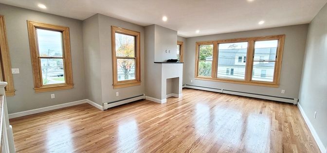 Empty room, Fireplace, Interior, Recessed Lighting, Wood Texture Flooring