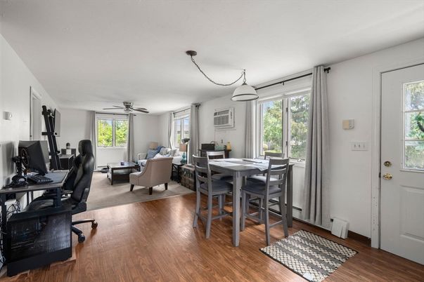 Home Office, Interior, Living room, Pendant Lights, Wood Texture Flooring