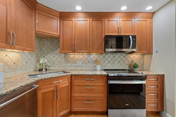 Interior, Kitchen, Recessed Lighting, Stainless Steel Appliances, Wood Texture Flooring