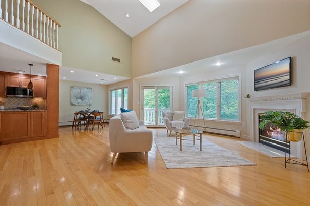 Dining room, Fireplace, Interior, Kitchen, Living room, Recessed Lighting, Wood Texture Flooring