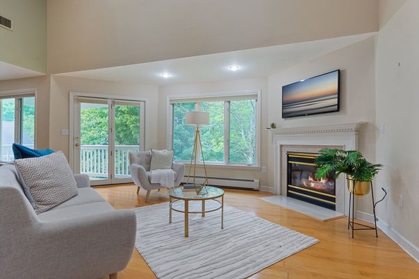 Fireplace, Interior, Living room, Recessed Lighting, Wood Texture Flooring