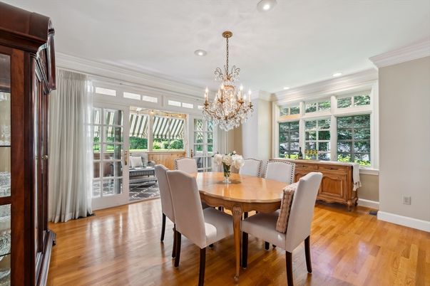 Chandelier, Dining room, Interior, Recessed Lighting, Wood Texture Flooring