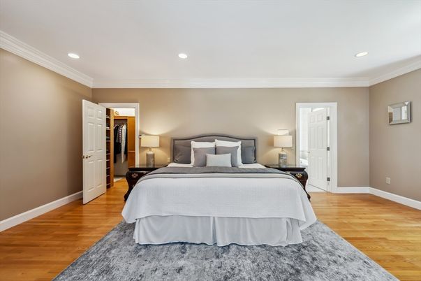 Bedroom, Interior, Recessed Lighting, Wood Texture Flooring