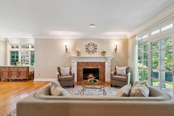 Fireplace, Interior, Living room, Recessed Lighting, Wood Texture Flooring
