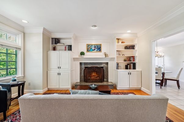 Chandelier, Dining room, Fireplace, Interior, Living room, Recessed Lighting, Wood Texture Flooring