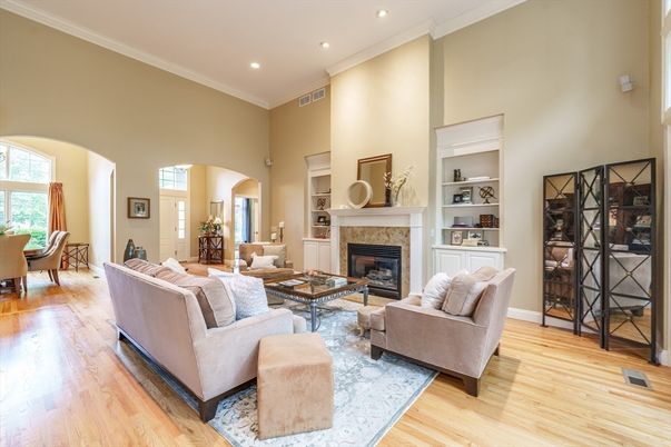 Dining room, Fireplace, Interior, Living room, Recessed Lighting, Wood Texture Flooring