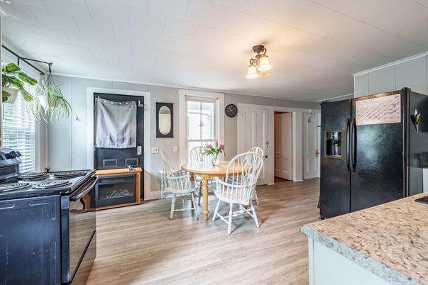 Dining room, Fireplace, Interior, Kitchen, Wood Texture Flooring
