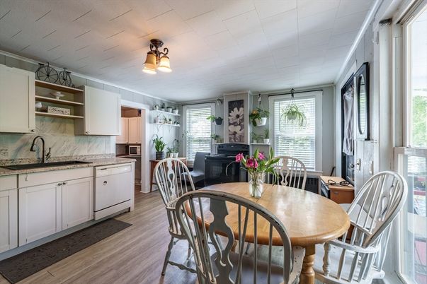 Dining room, Interior, Kitchen, Marble Walls, Wood Texture Flooring