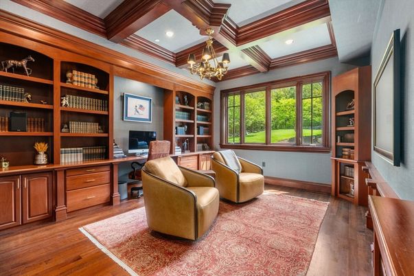 Chandelier, Home Office, Interior, Recessed Lighting, Wooden Beams, Wood Texture Flooring
