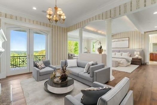 Bedroom, Chandelier, Interior, Living room, Recessed Lighting, Wood Texture Flooring
