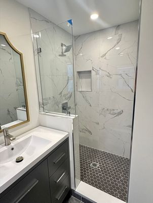 Bathroom, Glass Shower, Interior, Marble Walls, Recessed Lighting