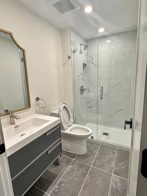 Bathroom, Glass Shower, Interior, Marble Walls, Recessed Lighting