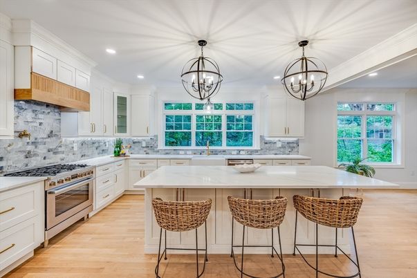 Chandelier, Interior, Kitchen, Pendant Lights, Recessed Lighting, Stainless Steel Appliances, Wood Texture Flooring
