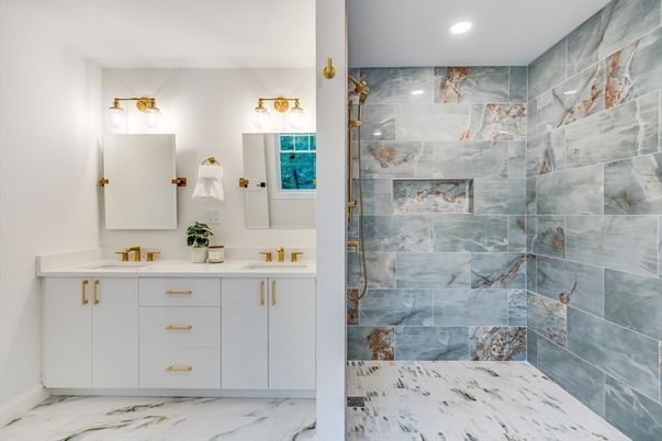 Bathroom, Dual Sink Vanities, Interior, Marble, Marble Walls, Recessed Lighting
