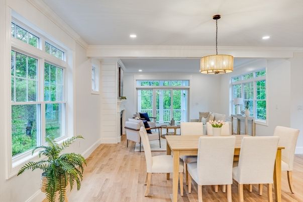 Dining room, Fireplace, Interior, Living room, Pendant Lights, Recessed Lighting, Wood Texture Flooring