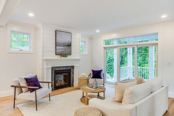 Fireplace, Interior, Living room, Recessed Lighting, Wood Texture Flooring