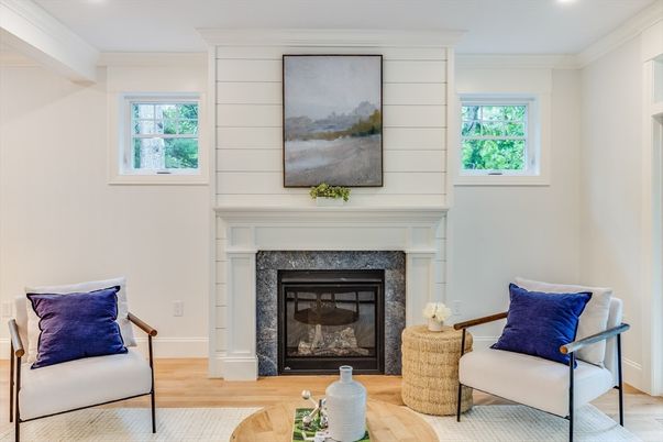 Fireplace, Interior, Recessed Lighting, Wood Texture Flooring