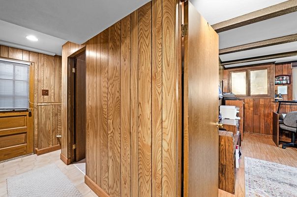 Interior, Recessed Lighting, Wood Texture Flooring, Wooden Walls