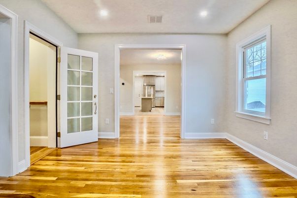 Empty room, Interior, Kitchen, Recessed Lighting, Wood Texture Flooring