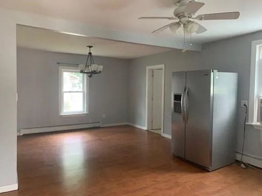 Chandelier, Empty room, Interior, Kitchen, Pendant Lights, Stainless Steel Appliances, Wood Texture Flooring