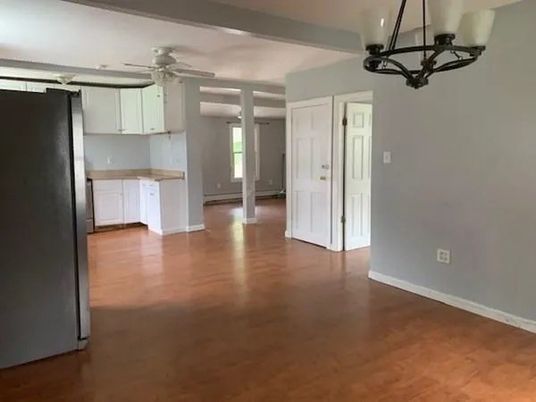 Chandelier, Empty room, Interior, Kitchen, Pendant Lights, Wood Texture Flooring