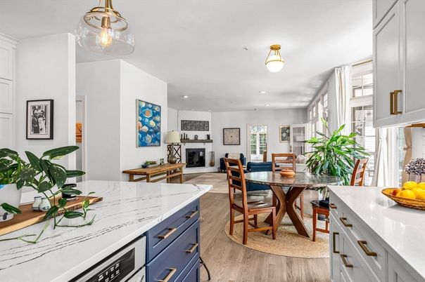 Dining room, Fireplace, Interior, Kitchen, Recessed Lighting, Wood Texture Flooring
