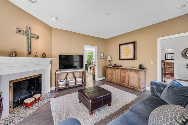 Fireplace, Interior, Living room, Recessed Lighting, Wood Texture Flooring