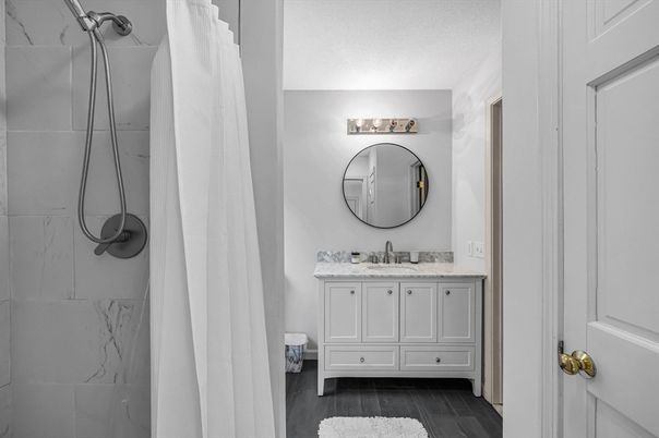 Bathroom, Interior, Marble Walls, Wood Texture Flooring