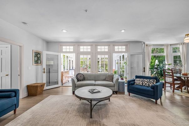 Dining room, Interior, Living room, Recessed Lighting, Wood Texture Flooring