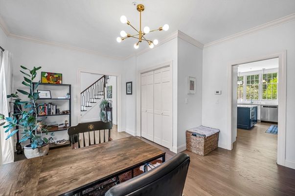 Dining room, Interior, Pendant Lights, Wood Texture Flooring