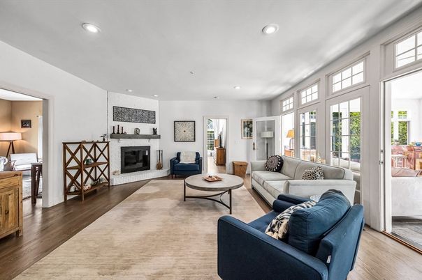 Fireplace, Interior, Living room, Recessed Lighting, Wood Texture Flooring
