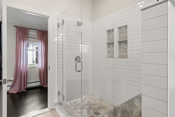 Bathroom, Glass Shower, Interior, Wood Texture Flooring