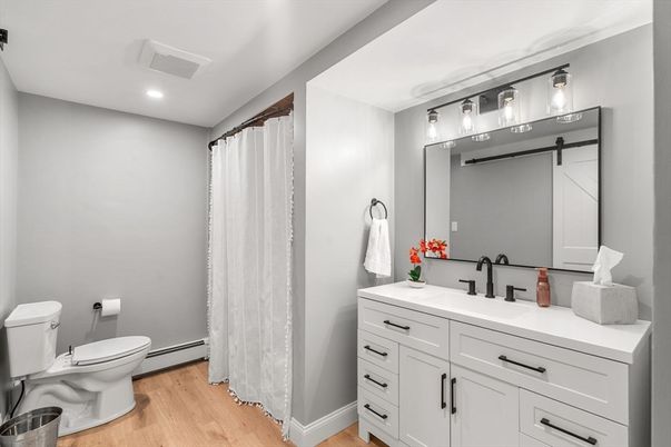 Bathroom, Interior, Recessed Lighting, Wood Texture Flooring