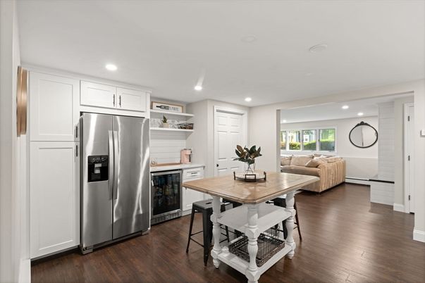 Dining room, Interior, Kitchen, Living room, Recessed Lighting, Stainless Steel Appliances, Wood Texture Flooring
