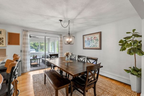 Dining room, Interior, Pendant Lights, Wood Texture Flooring