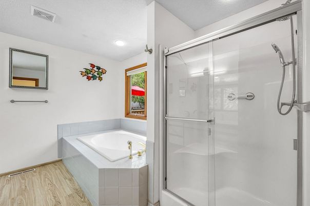 Bathroom, Glass Shower, Interior, Recessed Lighting, Wood Texture Flooring