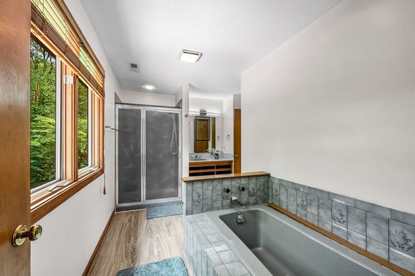 Bathroom, Interior, Recessed Lighting, Tile Countertops, Wood Texture Flooring