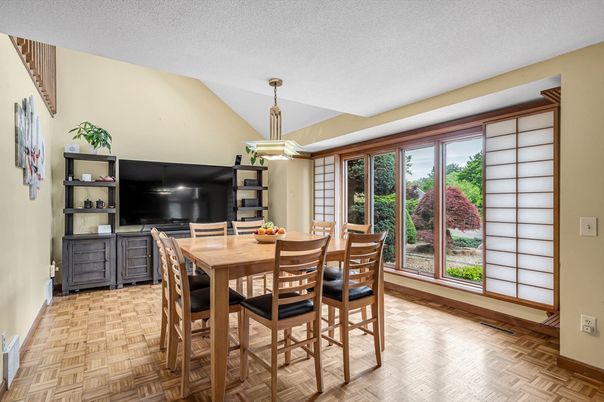 Dining room, Interior, Pendant Lights, Wood Texture Flooring