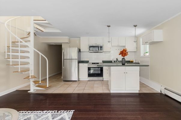 Interior, Kitchen, Pendant Lights, Stainless Steel Appliances, Wood Texture Flooring