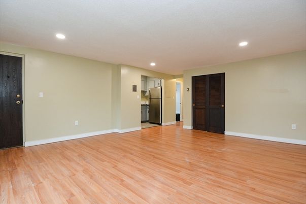 Empty room, Interior, Kitchen, Recessed Lighting, Wood Texture Flooring