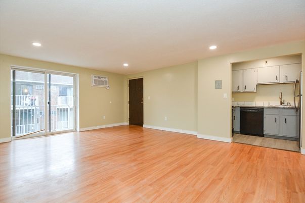 Empty room, Interior, Kitchen, Recessed Lighting, Wood Texture Flooring