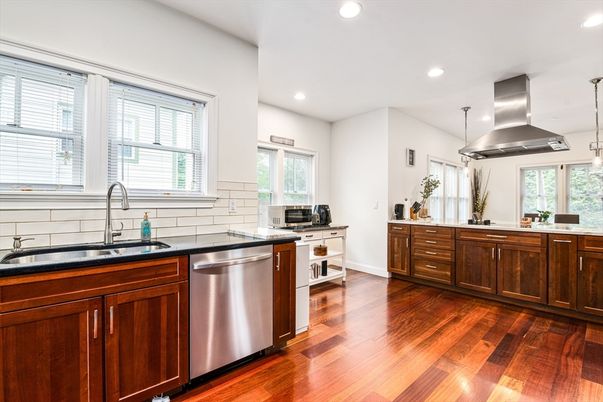 Interior, Kitchen, Pendant Lights, Recessed Lighting, Stainless Steel Appliances, Wood Texture Flooring
