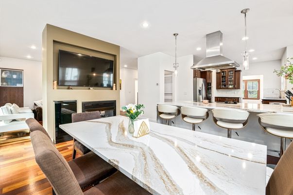 Dining room, Fireplace, Interior, Kitchen, Pendant Lights, Recessed Lighting, Wood Texture Flooring