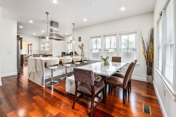 Dining room, Interior, Kitchen, Pendant Lights, Recessed Lighting, Wood Texture Flooring