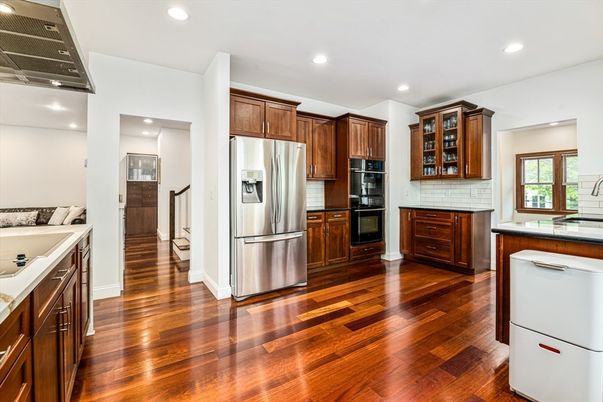 Interior, Kitchen, Recessed Lighting, Stainless Steel Appliances, Wood Texture Flooring