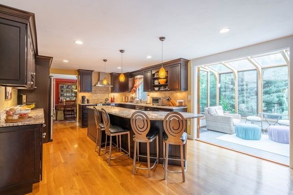 Glass Ceilings, Interior, Kitchen, Pendant Lights, Recessed Lighting, Sun Room, Wood Texture Flooring
