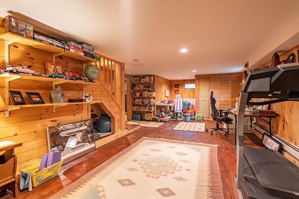 Home Office, Interior, Recessed Lighting, Wood Texture Flooring, Wooden Walls